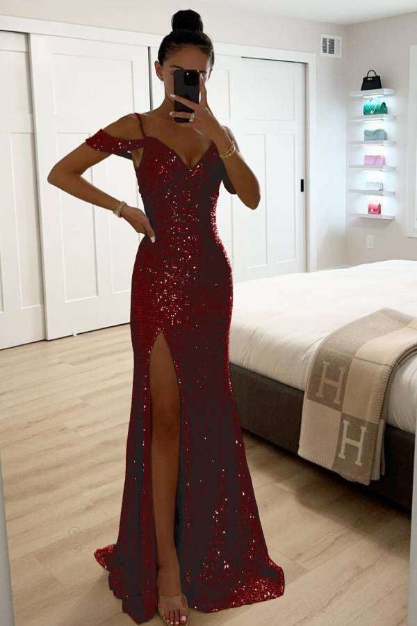 WW | Paillettenspitze Meerjungfrau Abschlussballkleider mit Schlitz Off-Shoulder Abendkleid