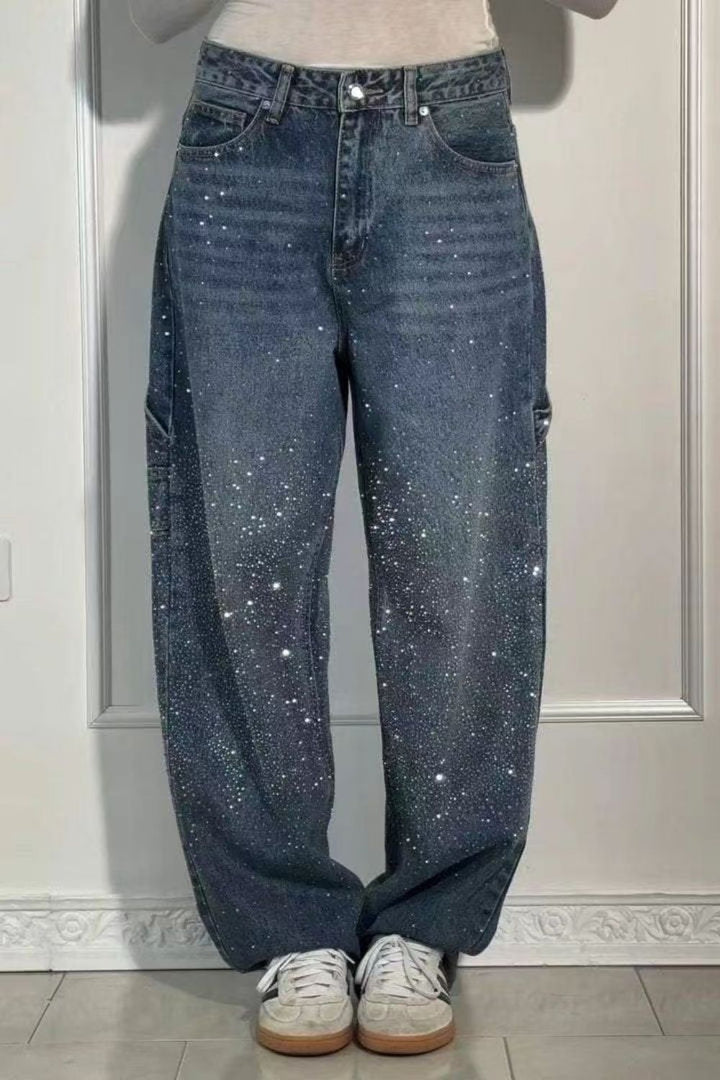 W&W Mode | Damen Gewaschene Jeans Mit Strassdetails Im Weiten Schnitt