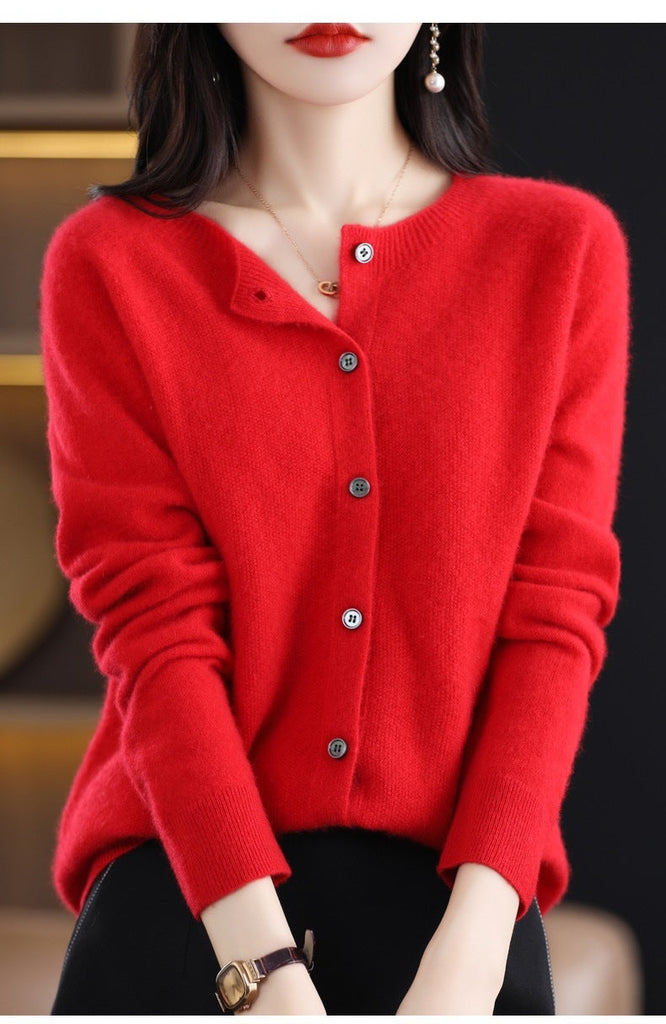 WW | Merino Woll Strickjacke Mit Rundhalsausschnitt Und Langen Ärmeln