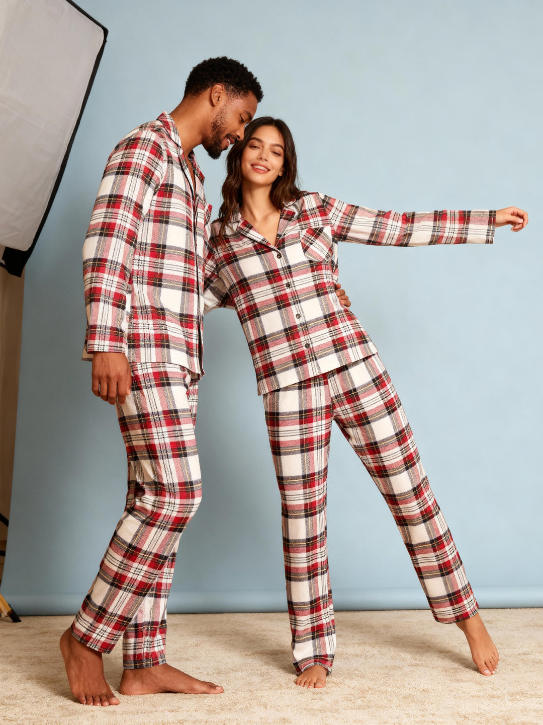 W&W Mode | Urlaub Familie Rot Karierte Knopf-Front Weihnachts-Pyjama Set