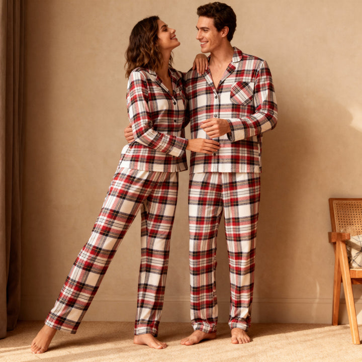 W&W Mode | Urlaub Familie Rot Karierte Knopf-Front Weihnachts-Pyjama Set