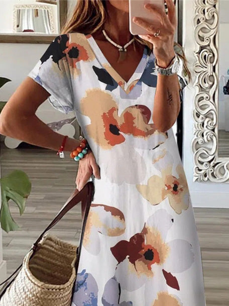 WW | Frauen Kleider Blumenmuster V-Ausschnitt Kurzarm Schlitzkleid