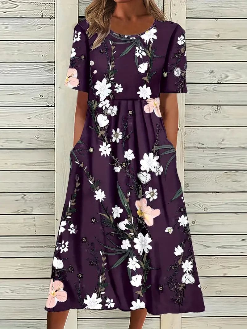 WW | Midi Kleid Blumendes Muster Rundhals Kurze Ärmel Luftig und Bequem