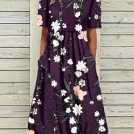 WW | Midi Kleid Blumendes Muster Rundhals Kurze Ärmel Luftig und Bequem