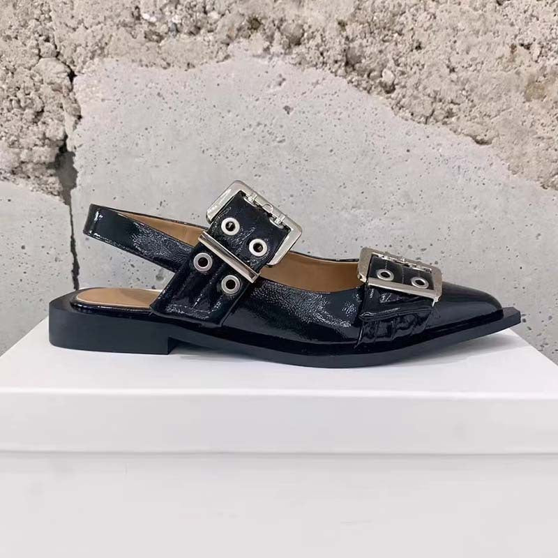 WW | Spitz Zehen Gürtel Schnalle Mules Leder Flach Sandalen