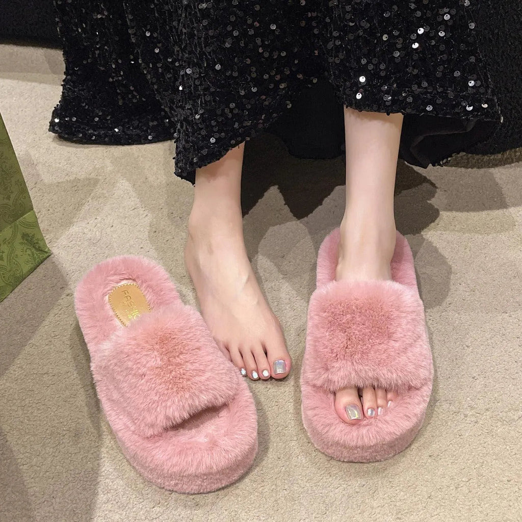 WW | Fluffy slippers with thick sole for women