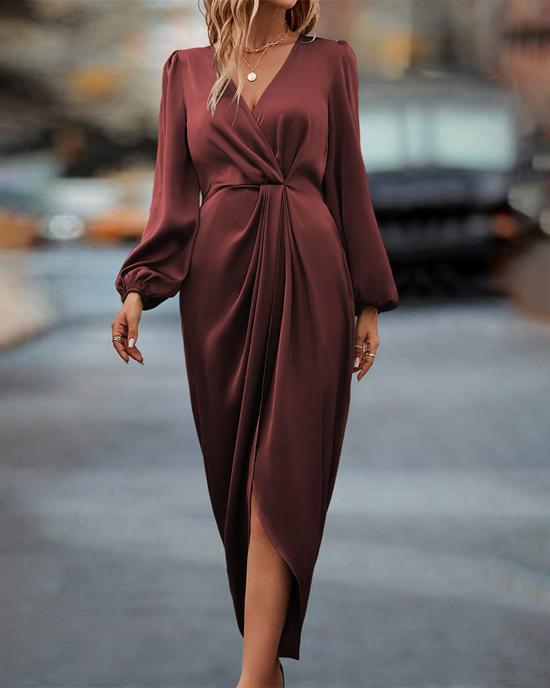 W&W Mode | Elegantes V-ausschnitt Kleid Mit Laternenärmeln