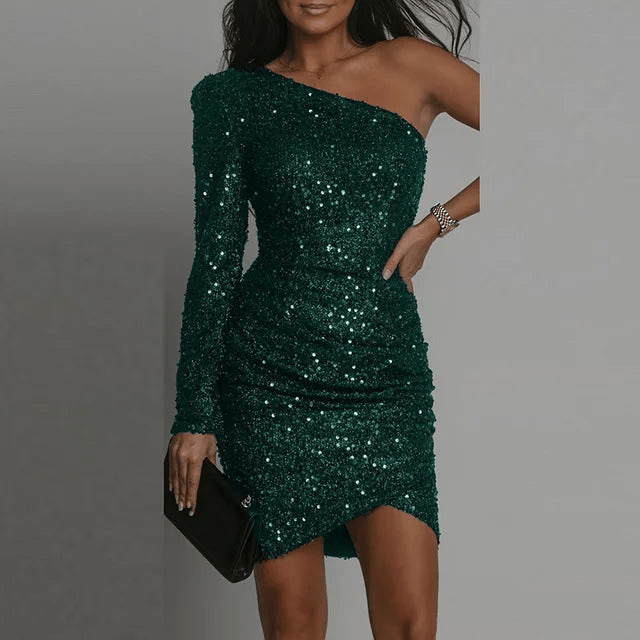 W&W Mode | Elegante One Shoulder Pailletten Kleid Mit Wickelstil Damen Kleid