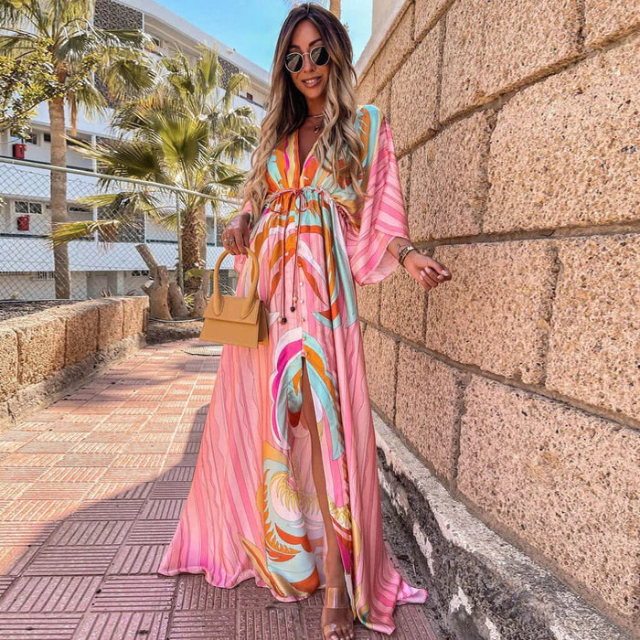 Damen-Boho-Maxikleid mit langen Ärmeln und Taillengürtel