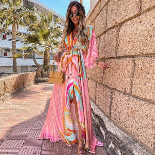 Damen-Boho-Maxikleid mit langen Ärmeln und Taillengürtel