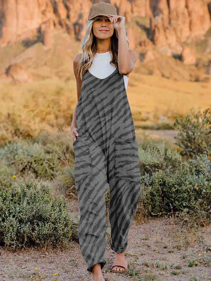 WW | Große Größe Bedruckter V-Ausschnitt Ärmelloser Jumpsuit