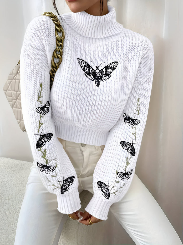 WW | Eleganter Cropped Rollkragenpullover mit Schmetterlingsmuster