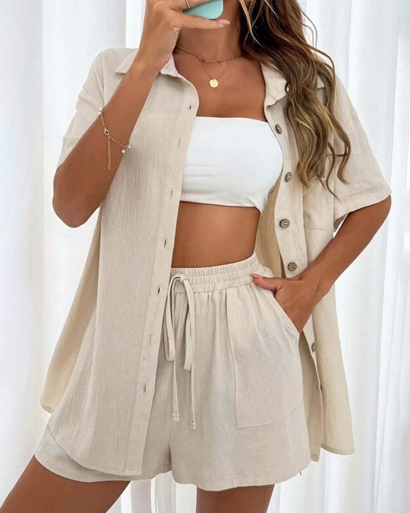 WW | Lässiges Set aus Einfarbigem Hemd und Shorts