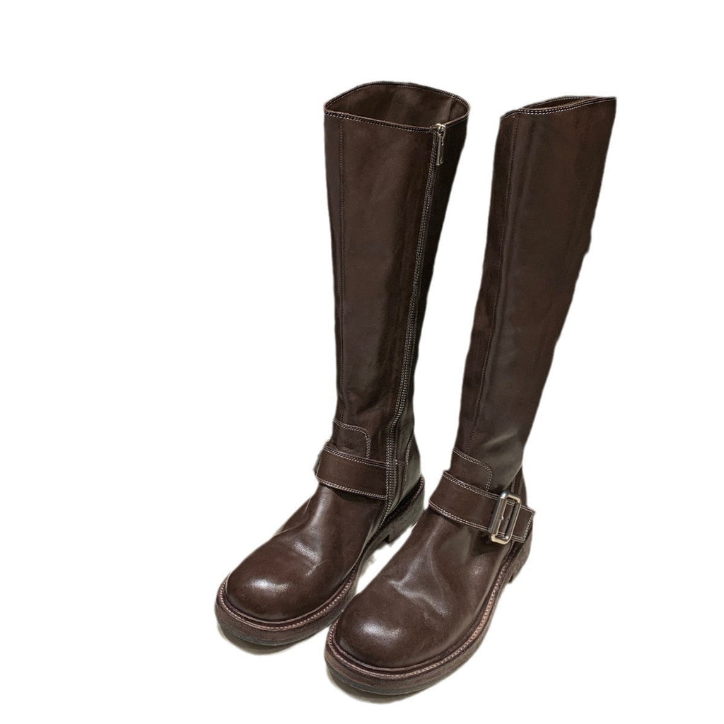 WW | Gewaschenes Leder Rund Bis Oben Chunky Heel Mittelhohe Stiefel Frauen