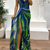 WW | In A Dreamland Chiffon Floral Print Off Shoulder Pleated Scarf Slit Maxi Kleid