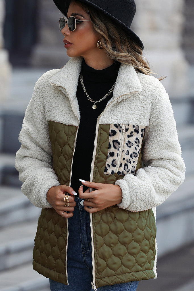 WW | Élise Sherpa Jacke Mit Reißverschluss Und Stehkragen Mit Leoparden Patches