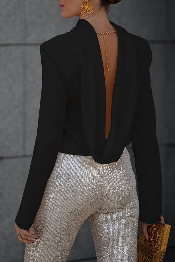 WW | Geheim Der Eleganz Satin Rückenkette Cowl Neck Drapierte Bluse