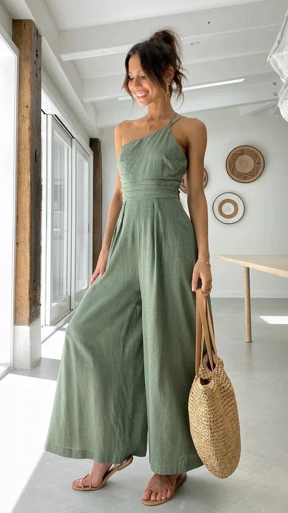 Damen Jumpsuit mit hoher Taille, weitem Bein und abnehmbarem Taillengürtel