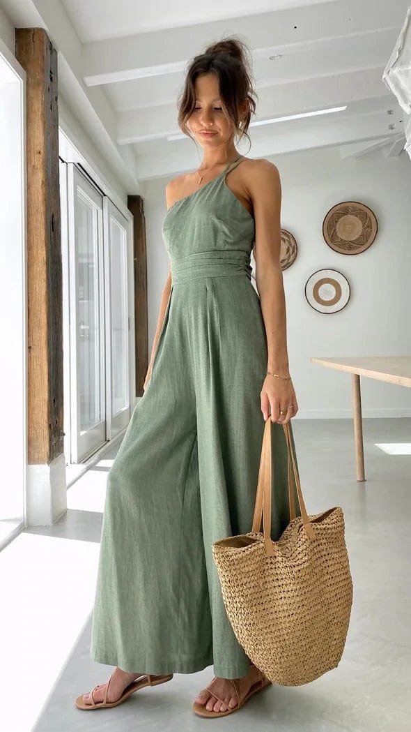 Damen Jumpsuit mit hoher Taille, weitem Bein und abnehmbarem Taillengürtel