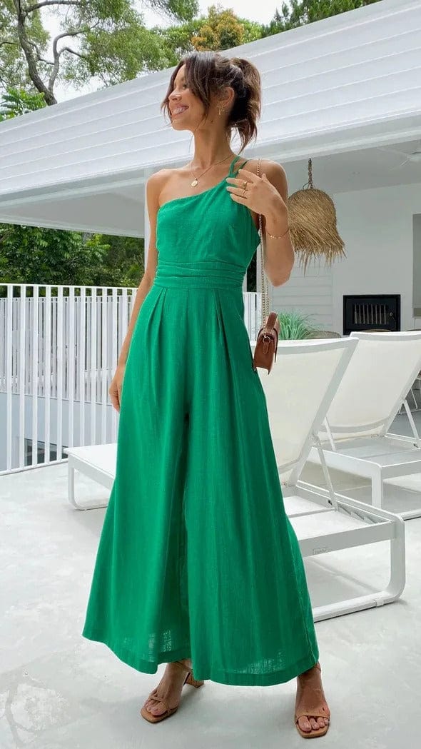 Damen Jumpsuit mit hoher Taille, weitem Bein und abnehmbarem Taillengürtel