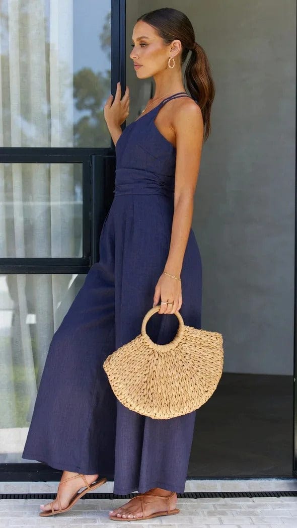 Damen Jumpsuit mit hoher Taille, weitem Bein und abnehmbarem Taillengürtel