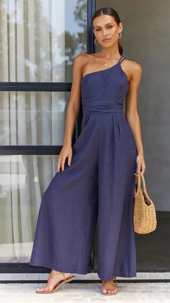 Damen Jumpsuit mit hoher Taille, weitem Bein und abnehmbarem Taillengürtel