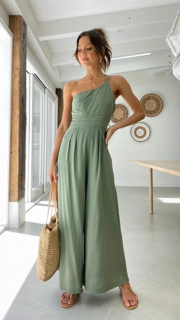 Damen Jumpsuit mit hoher Taille, weitem Bein und abnehmbarem Taillengürtel