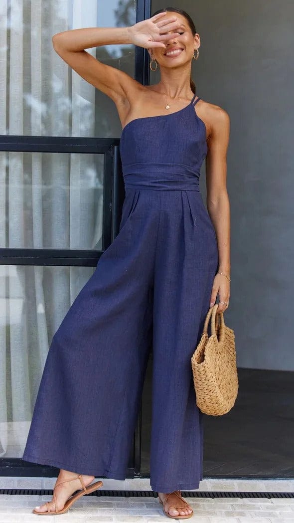 Damen Jumpsuit mit hoher Taille, weitem Bein und abnehmbarem Taillengürtel