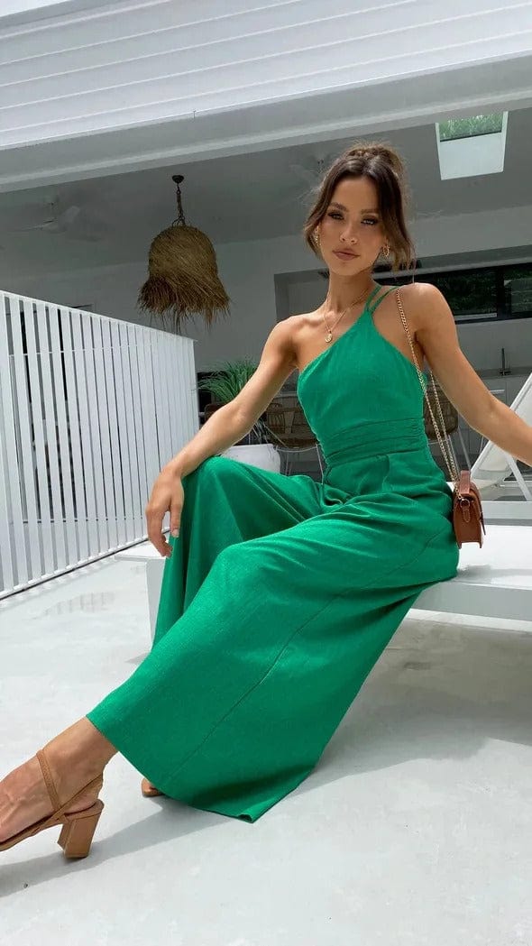 Damen Jumpsuit mit hoher Taille, weitem Bein und abnehmbarem Taillengürtel