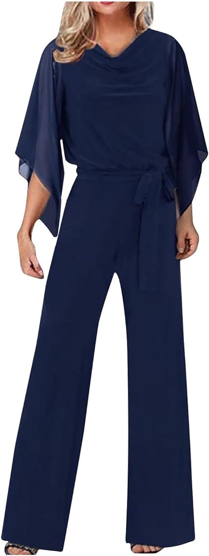 Damen Jumpsuit mit weitem Bein, asymmetrischen Ärmeln und Schnürung