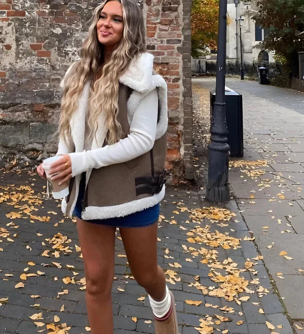 W&W Mode | Ärmellose Kunstfell-Lederjacke Für Damen - Perfekt für Casual Days