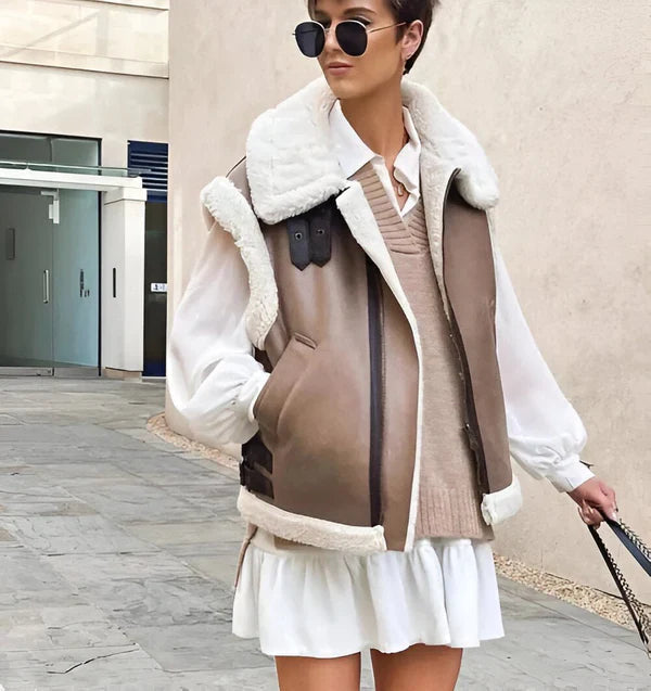 W&W Mode | Ärmellose Kunstfell-Lederjacke Für Damen - Perfekt für Casual Days