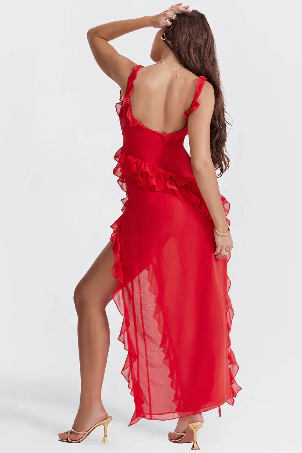 WW Elegant Kleid | Stilvolles Kleid mit Ausschnitt, Rüschen und rückenfreiem Design