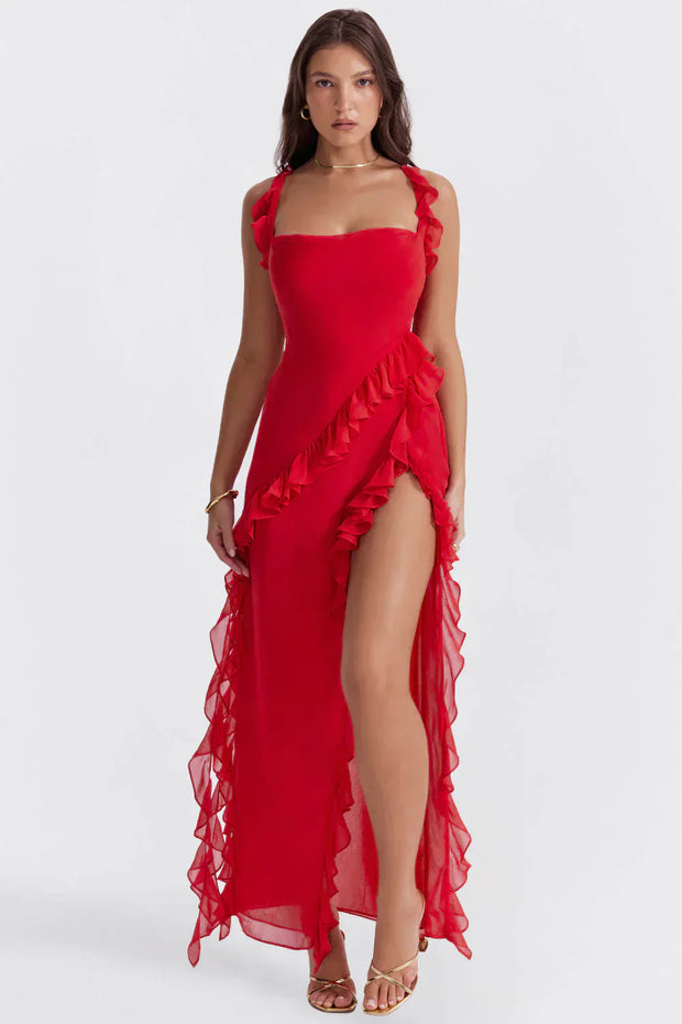 WW Elegant Kleid | Stilvolles Kleid mit Ausschnitt, Rüschen und rückenfreiem Design