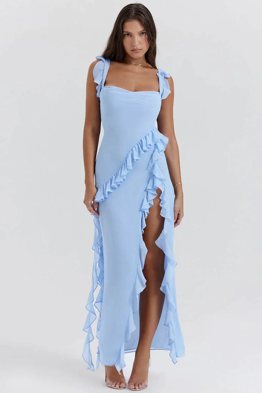 WW Elegant Kleid | Stilvolles Kleid mit Ausschnitt, Rüschen und rückenfreiem Design