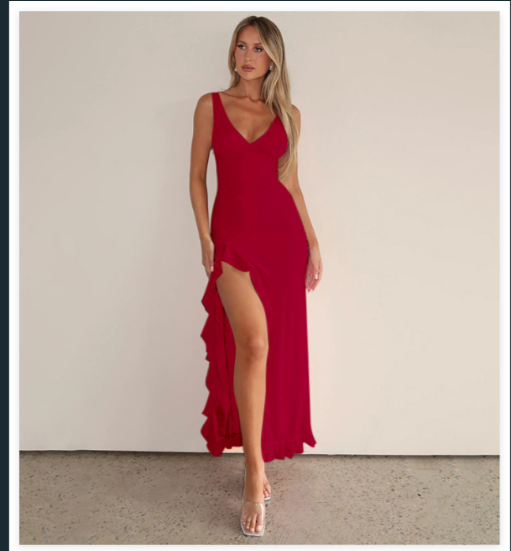 Ärmellos Rüschen Sexy Langes Kleid