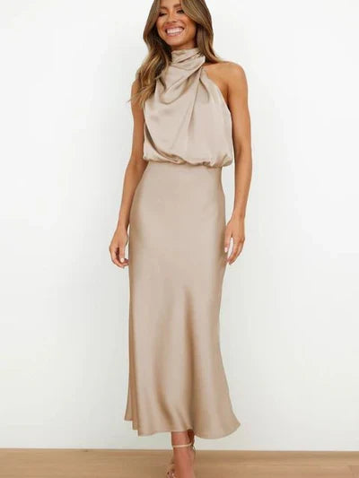 W&W Mode | Elegantes Halter Midi Kleid Für Damen Mit Hohem Hals Und Satinlook