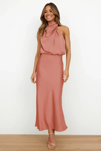 W&W Mode | Elegantes Halter Midi Kleid Für Damen Mit Hohem Hals Und Satinlook