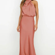 WW | Elegantes Halter Midi Kleid Für Damen Mit Hohem Hals Und Satinlook