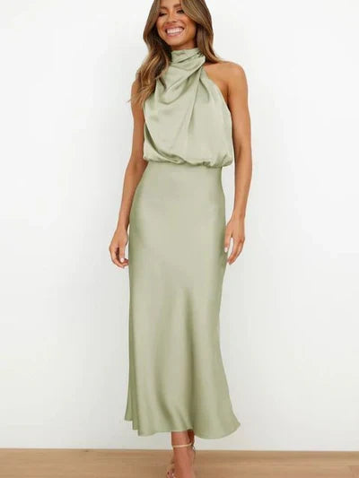W&W Mode | Elegantes Halter Midi Kleid Für Damen Mit Hohem Hals Und Satinlook