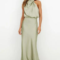 WW | Elegantes Halter Midi Kleid Für Damen Mit Hohem Hals Und Satinlook