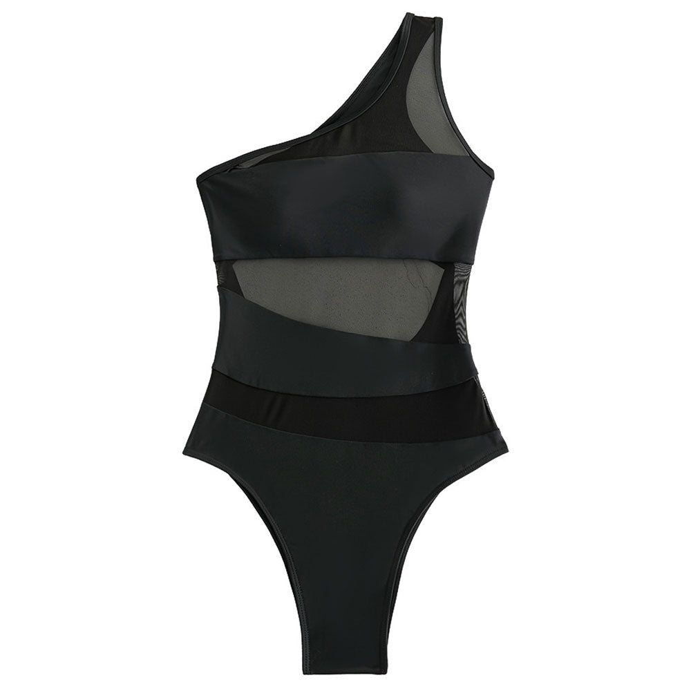 W&W Mode | Asymmetrischer Ein Schulter Cutout Rückenpanel Transparente Mesh Brasilianischer Einteiler Badeanzug