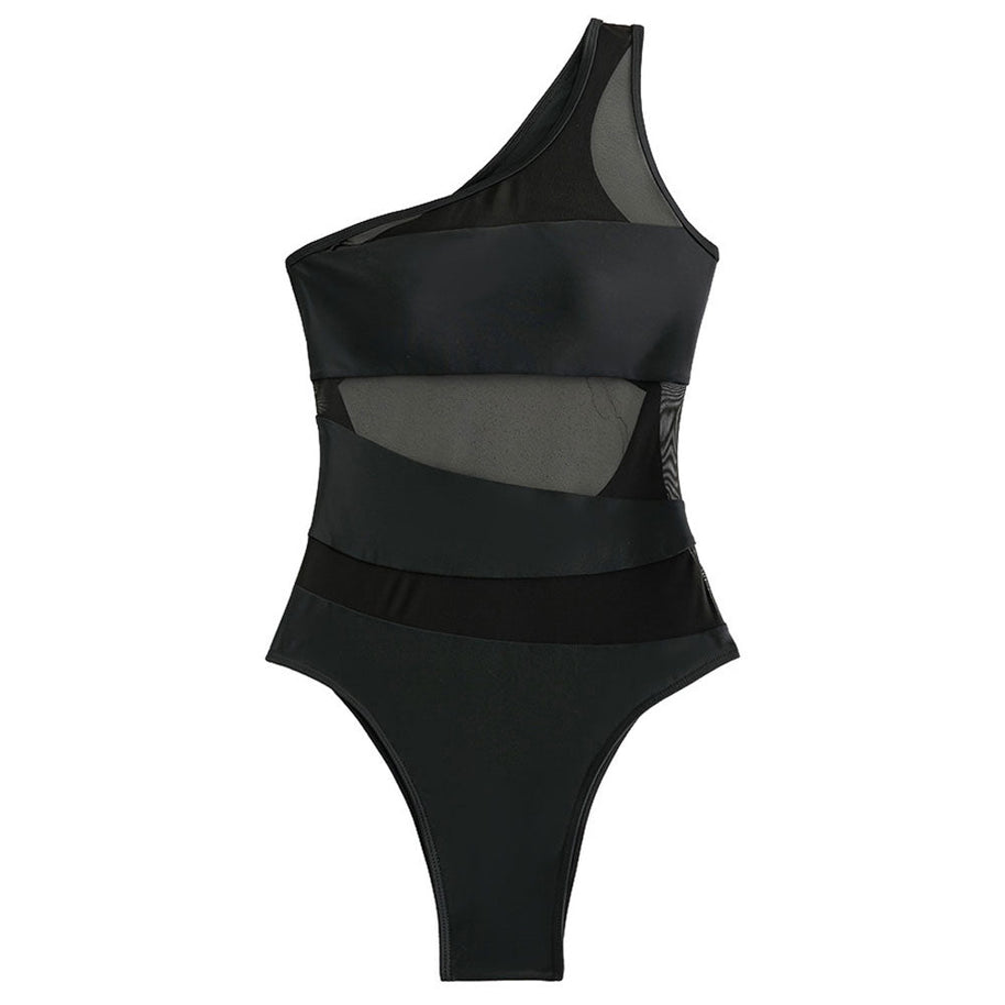WW | Asymmetrischer Ein Schulter Cutout Rückenpanel Transparente Mesh Brasilianischer Einteiler Badeanzug
