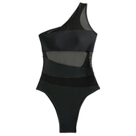 WW | Asymmetrischer Ein Schulter Cutout Rückenpanel Transparente Mesh Brasilianischer Einteiler Badeanzug