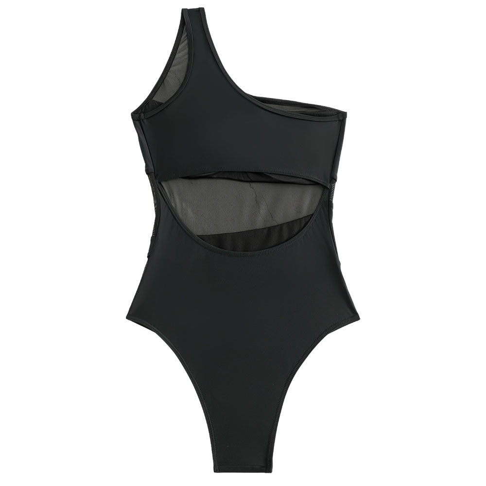 W&W Mode | Asymmetrischer Ein Schulter Cutout Rückenpanel Transparente Mesh Brasilianischer Einteiler Badeanzug