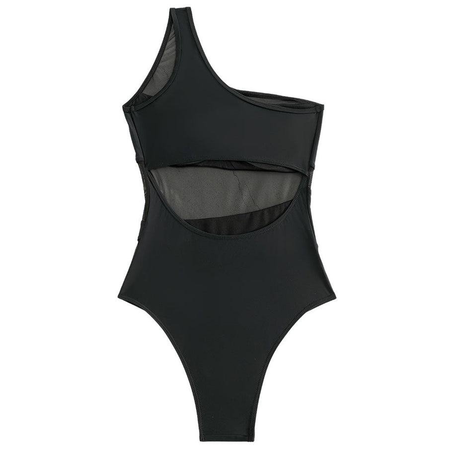 WW | Asymmetrischer Ein Schulter Cutout Rückenpanel Transparente Mesh Brasilianischer Einteiler Badeanzug