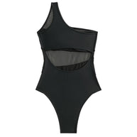 WW | Asymmetrischer Ein Schulter Cutout Rückenpanel Transparente Mesh Brasilianischer Einteiler Badeanzug