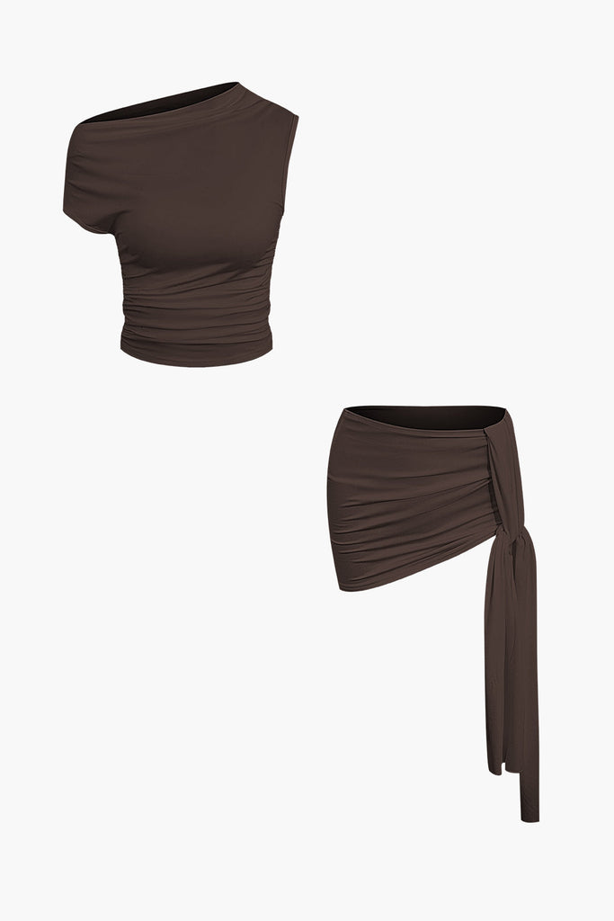 WW | Asymmetrisches Gerüschtes Crop Top & Krawatten Mini Rock Satz