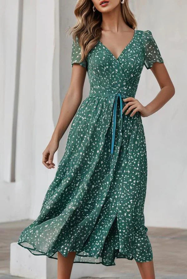 WW | Atemberaubendes Kurzarm Grünes V-Ausschnitt Midi-Kleid