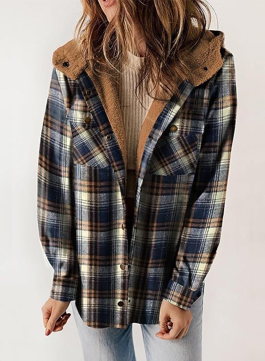 W&W Mode | Plaid Jacke Langarm Schnalle Wolle mit Kapuze